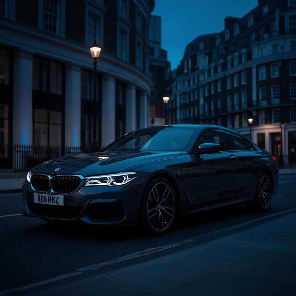 Modern BMW vehicle at twilight