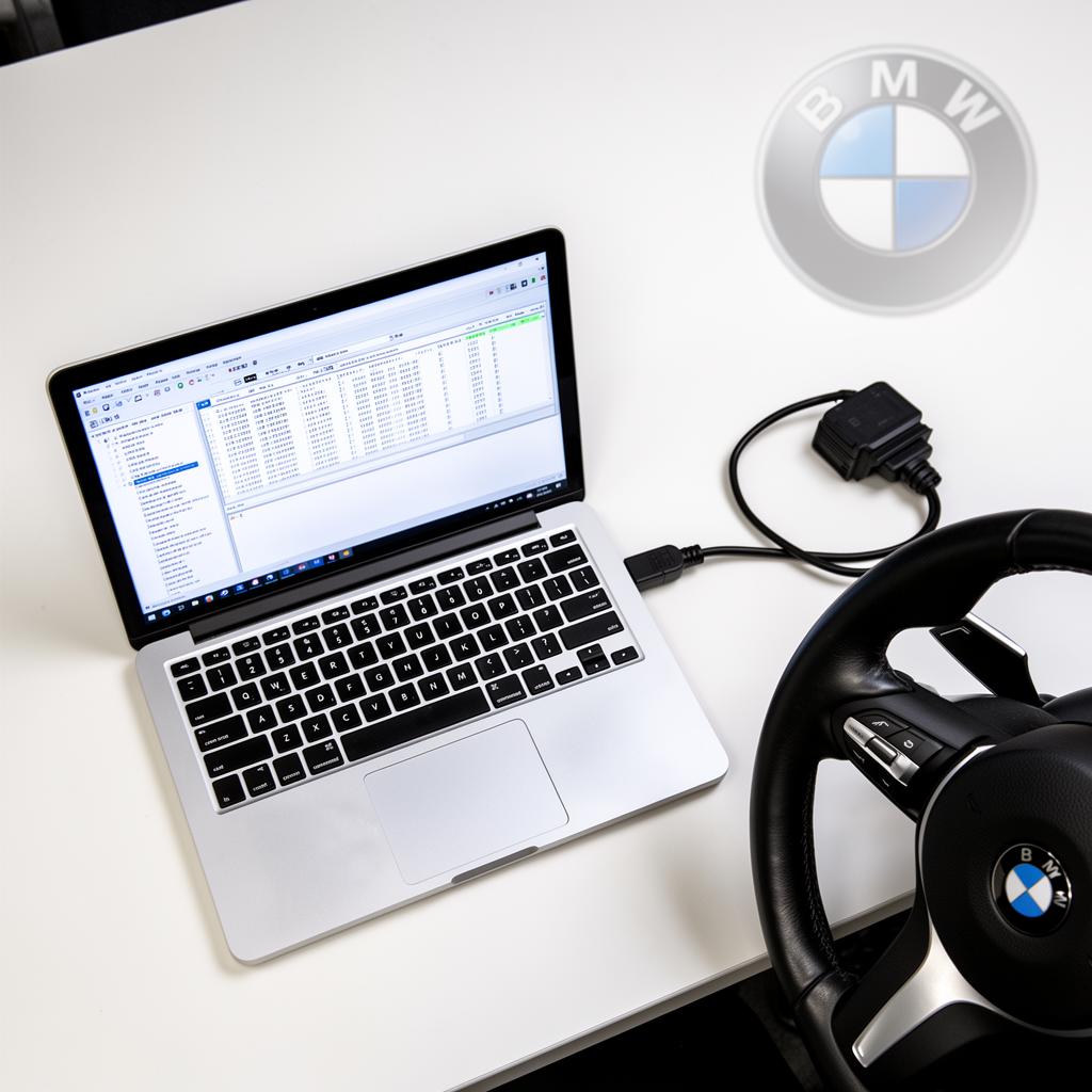 Laptop running BMW coding software with OBD cable